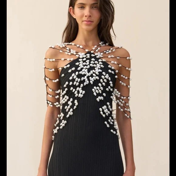 Cult Gaia Cecelia knit Black Strapless Dress with Pearl Accents - Picture 1 of 3